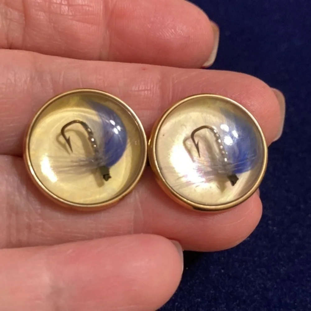 Vintage Krementz patented fishing lure under domed lucite cuff links